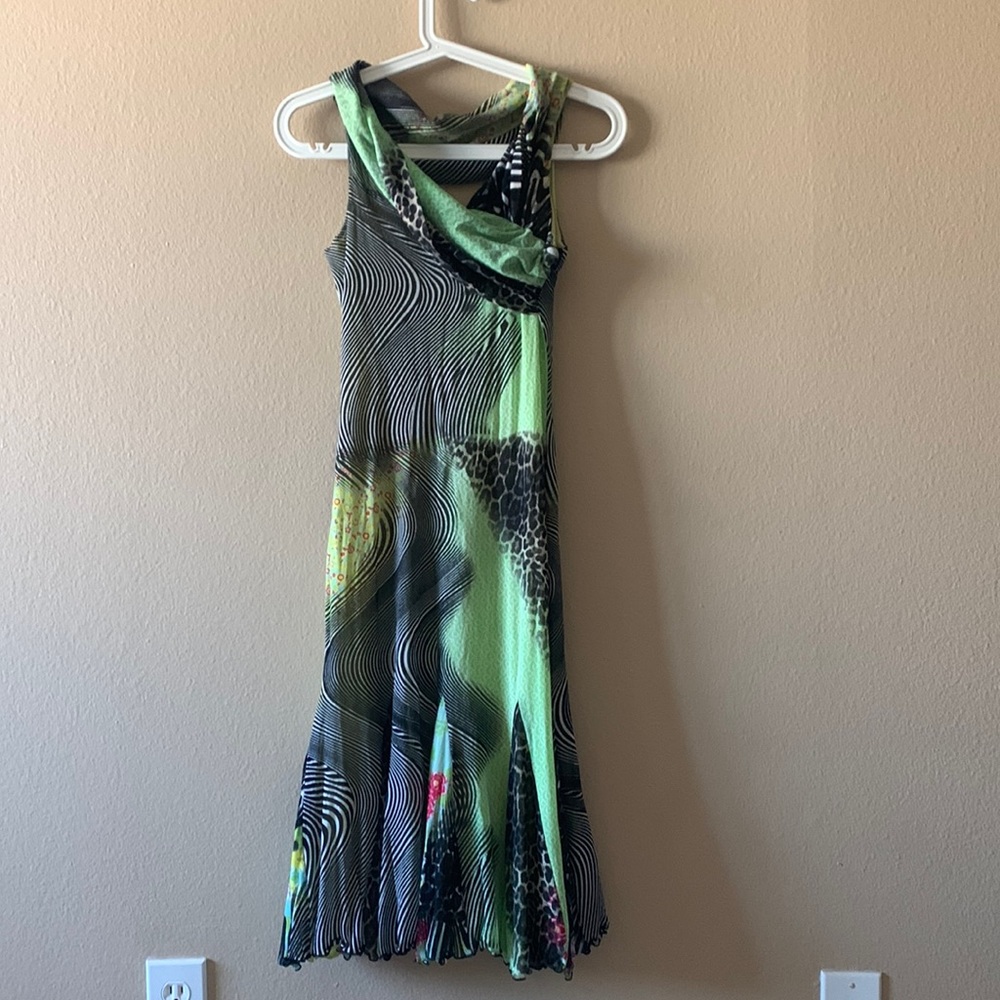 Roberto Cavalli open back elastic green mix prints dress